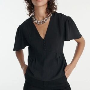 The Kooples Black Babydoll Button Up V Neck Top Size 4 NWOT